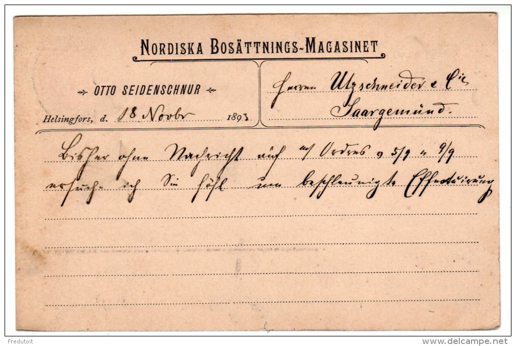 FINLANDE - ENTIER POSTAL - 18/11/1893 Pour Lothringen - Lettres & Documents