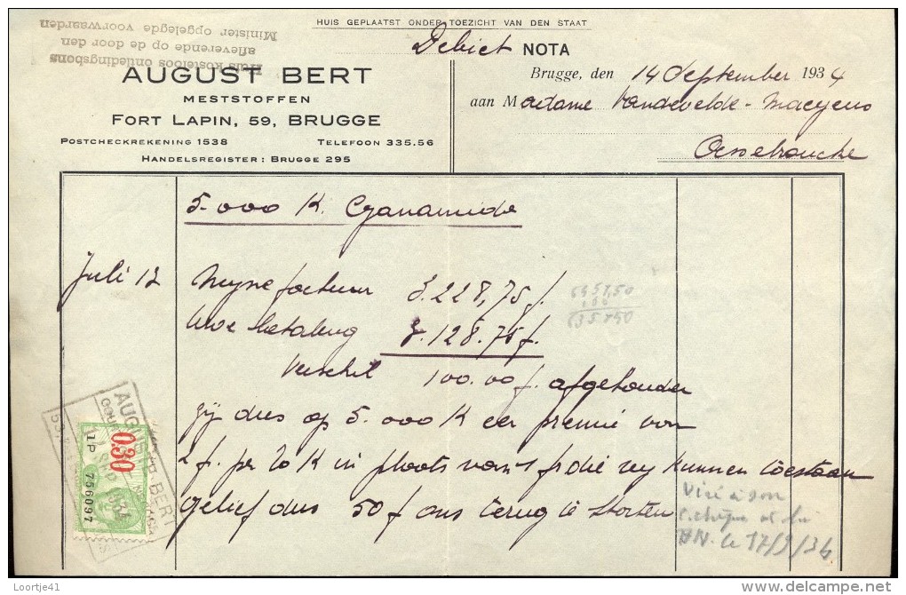 Facture Faktuur - Brief Lettre - Meststoffen August Bert Brugge 1934 - Agriculture