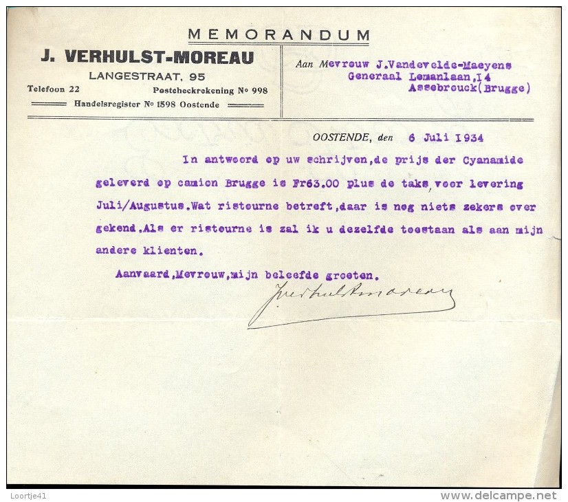 Facture Faktuur - Brief Lettre - Memo Verhulst - Moreau Oostende 1934 - Landbouw