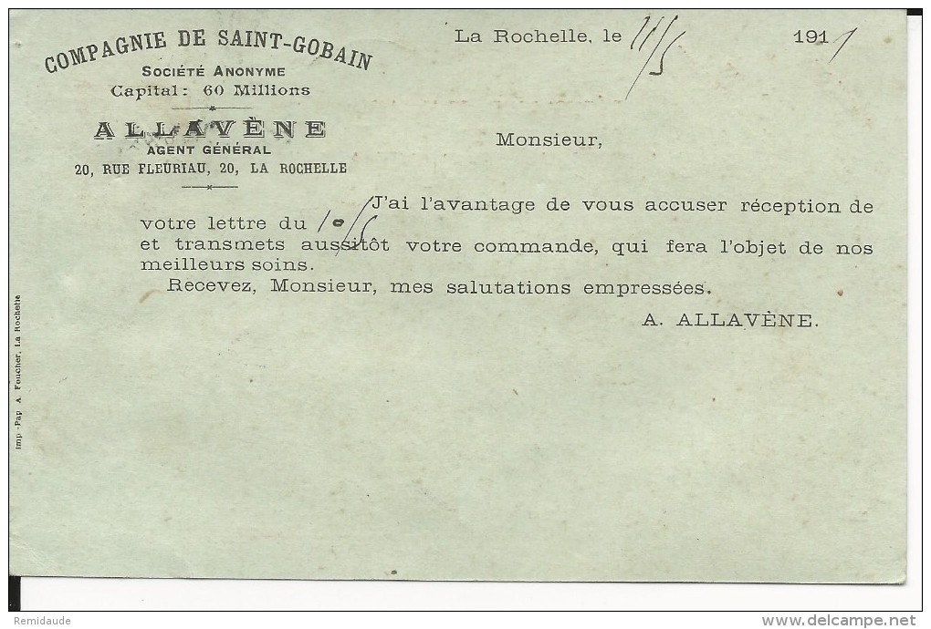 1911 - SEMEUSE - CARTE ENTIER Avec REPIQUAGE PRIVE AU DOS De LA ROCHELLE - AK Mit Aufdruck (vor 1995)