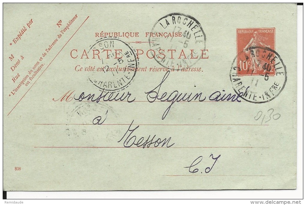 1911 - SEMEUSE - CARTE ENTIER Avec REPIQUAGE PRIVE AU DOS De LA ROCHELLE - Cartes Postales Repiquages (avant 1995)