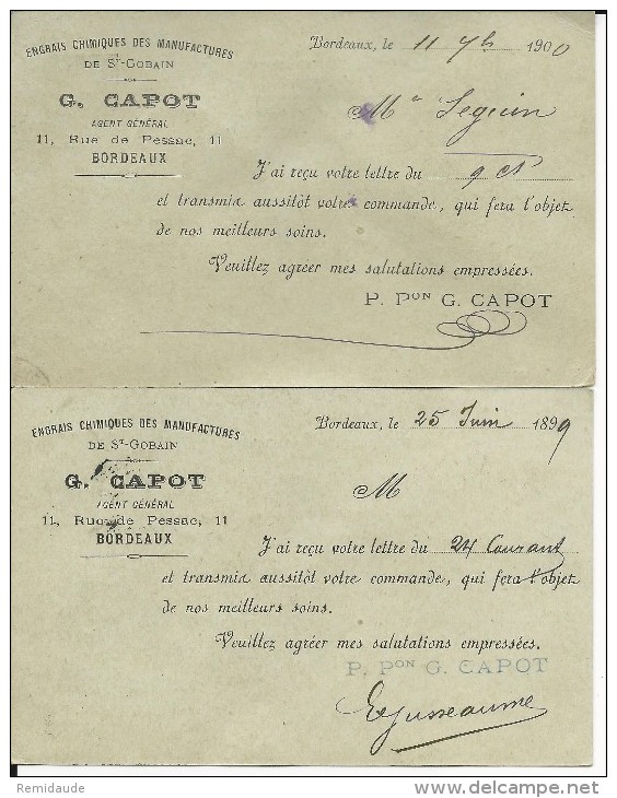 1899+1900 - SAGE - 2 CARTES ENTIER Avec REPIQUAGE PRIVE AU DOS LEGEREMENT DIFFERENT De BORDEAUX - Cartoline Postali Ristampe (ante 1955)