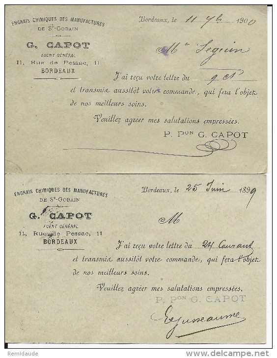 1899+1900 - SAGE - 2 CARTES ENTIER Avec REPIQUAGE PRIVE AU DOS LEGEREMENT DIFFERENT De BORDEAUX - AK Mit Aufdruck (vor 1995)