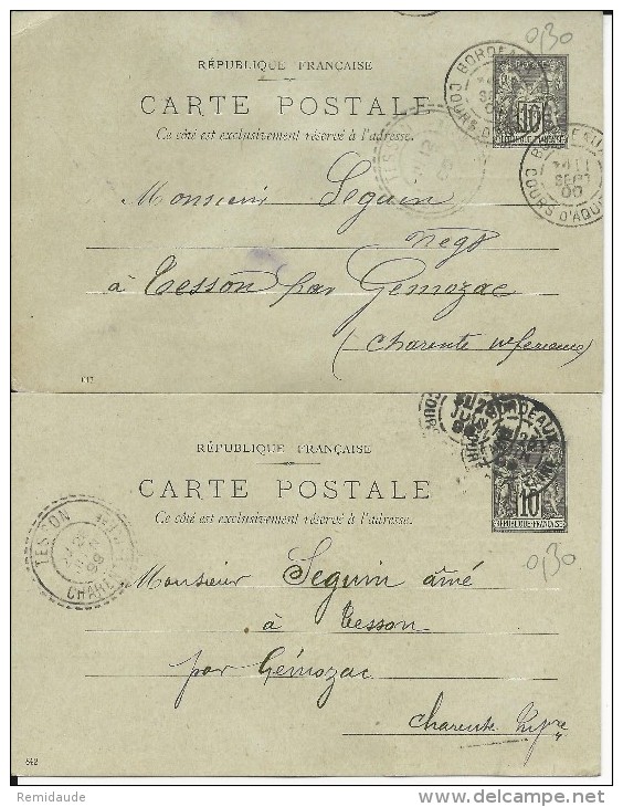 1899+1900 - SAGE - 2 CARTES ENTIER Avec REPIQUAGE PRIVE AU DOS LEGEREMENT DIFFERENT De BORDEAUX - Overprinter Postcards (before 1995)