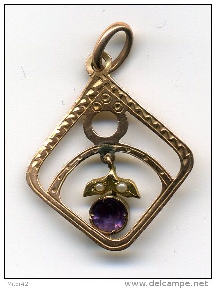 Ciondolo O Pendente Originale D' Epoca Liberty In Oro Antco+ametista+2 Perline Gr.1,20 Punzonato FRON-cm.2.10x3 - Pendants