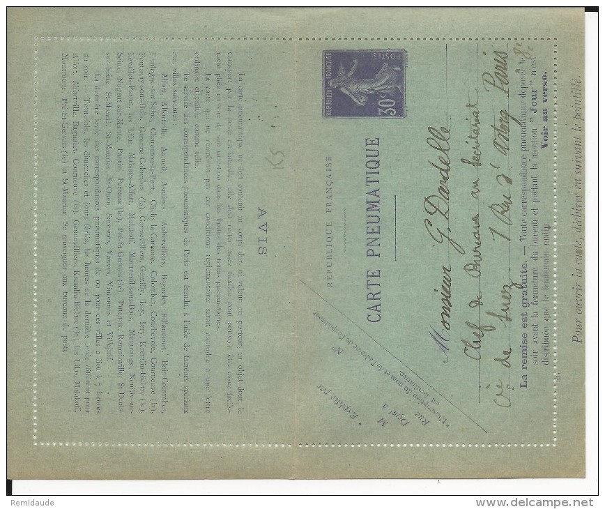 1911 - SEMEUSE - CARTE-LETTRE ENTIER PNEUMATIQUE - DATE 337 - COTE = 60 EUROS - Rohrpost