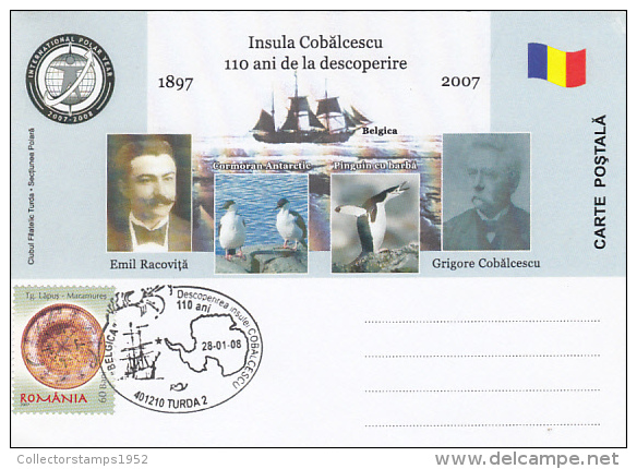 10460- EMIL RACOVITA, GRIGORE COBALCESCU, ISLAND, ANTARCTIC EXPEDITION, GULL, PENGUINS, SPECIAL POSTCARD, 2007, ROMANIA - Expéditions Antarctiques