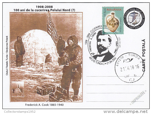 10463- FREDERICK COOK, FIRST NORTH POLE CONQUEST, EXPEDITION, BASE, SPECIAL POSTCARD, 2008, ROMANIA - Arktis Expeditionen