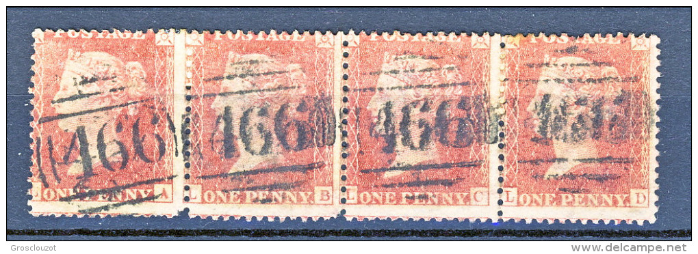 UK 1854 Victoria N. 14 - 1 Penny Rosso Carminio, Striscia Di Quattro LA-LD, Annullo  Numerale 466 - Usati