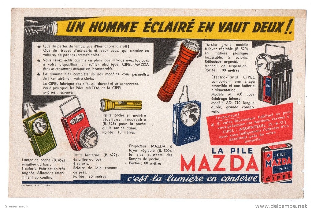 Buvard - La Pile Mazda (lampe, Torche, Lanterne, Electro Fanal Cipel, Projecteur) - Piles