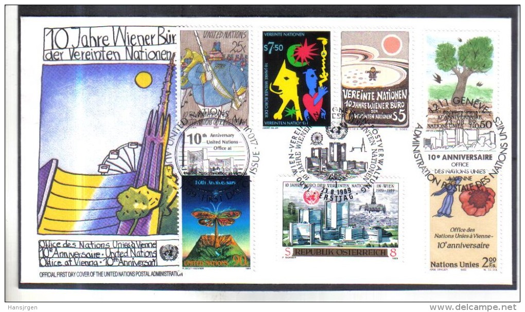 FCD702  FDC UNO WIEN 1989  MICHL 94/95 UNO GENF 178/79 UNO NEW YORK 577/78 - FDC