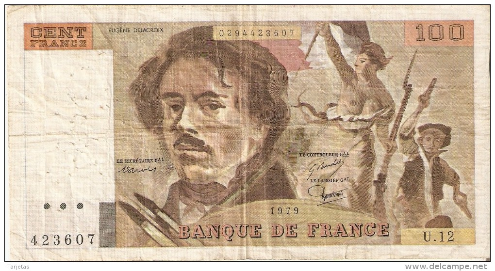 BILLETE DE FRANCIA DE 100 FRANCOS DEL AÑO 1979 DE DELACROIX SERIE U (BANKNOTE) - 100 F 1978-1995 ''Delacroix''