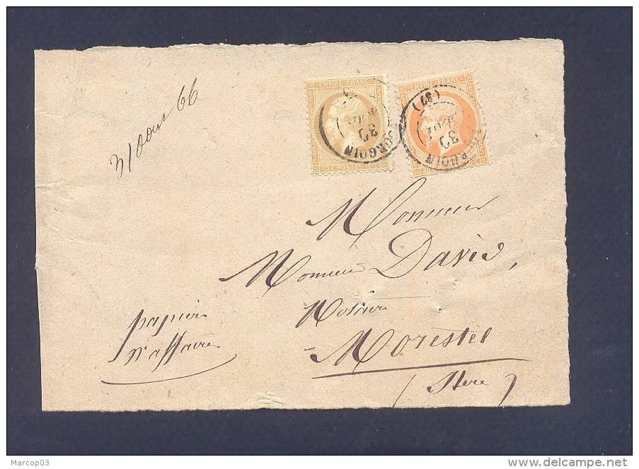 ISERE 38 BOURGOIN Devant De Bande De Papier D´affaires Type 15 Du 30/08/1866 Sur N° 21 Et 23 TTB - 1849-1876: Période Classique