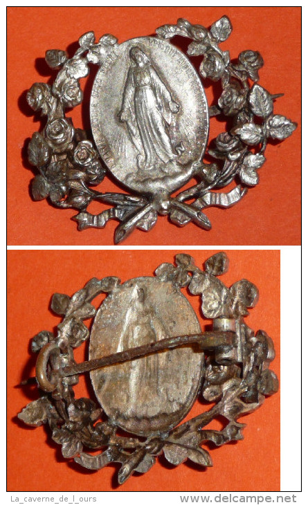 Rare Ancienne Broche En Métal Argenté, Médaillette Et Couronne De Roses, Religion - Religione & Esoterismo