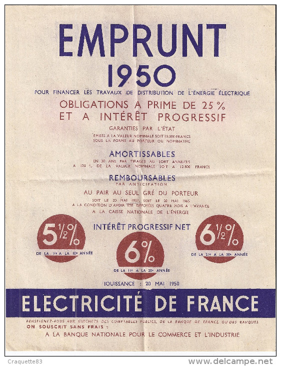 ELECTRICITE DE FRANCE   EMPRUNT 1950 POUR FINANCER LES TRAVAUX DE DISTRIBUTION DE L'ENERGIE ELECTRIQUE - Elektrizität & Gas