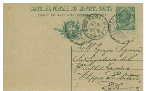 Italia 1910 - Cartolina Con Risposta Pagata. Viaggiata Da Porto Empedocle A Palermo - Interi Postali