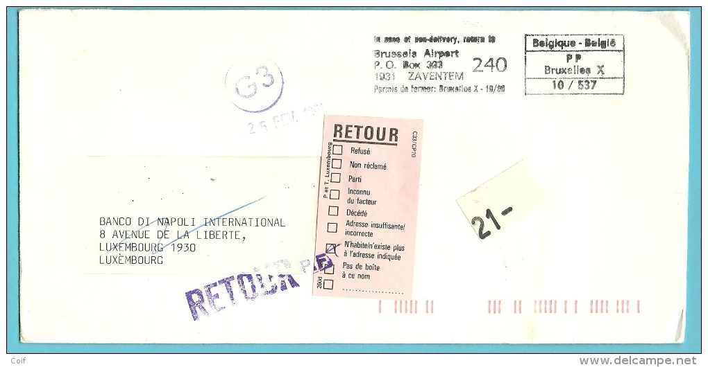 Brief Verzonden Vanuit P.B.BOX 323 / Zaventem (privepost), -> LUXEMBOURG Met Stempel+strookje RETOUR - 1980-99