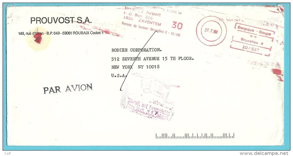 Brief Verzonden Vanuit P.B.BOX 323 / Zaventem (privepost), -> U.S.A. Met Stempel  RETURN TO SENDER - 1980-99