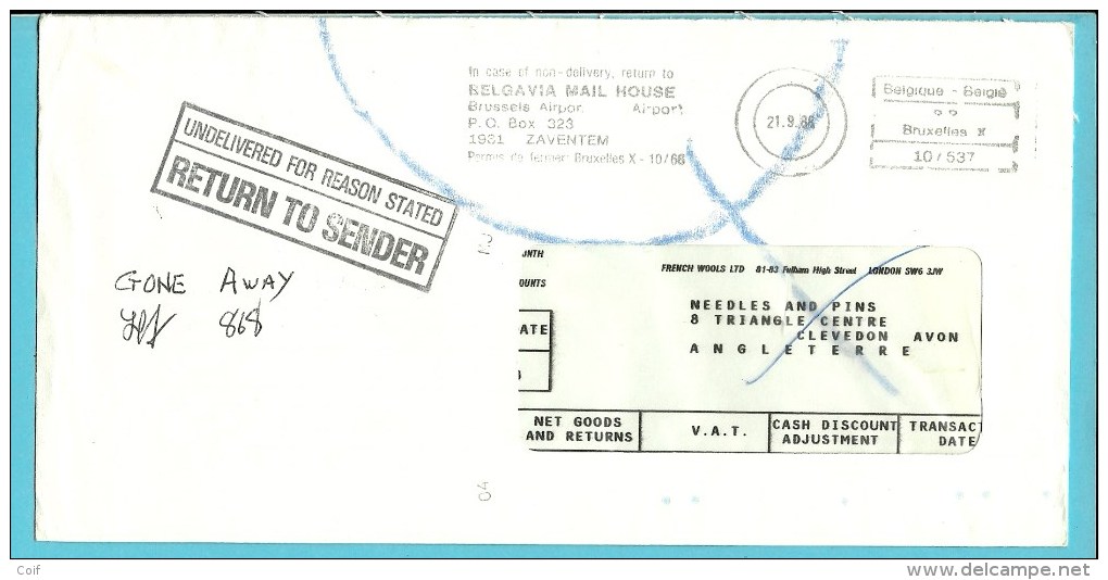 Brief Verzonden Vanuit P.B.BOX 323 / Zaventem (privepost), -> ENGLAND Met Stempel  RETURN TO SENDER - 1980-99