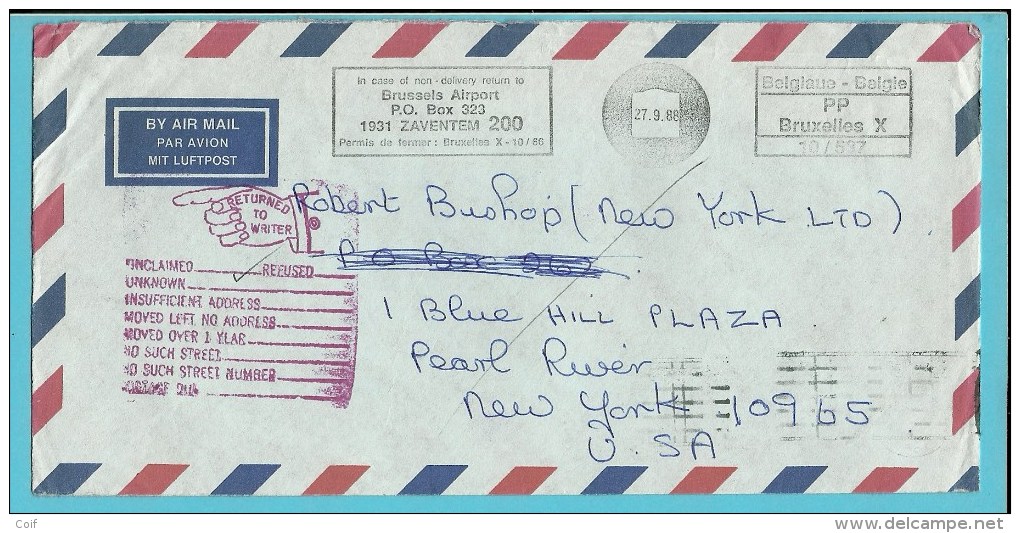 Brief Verzonden Vanuit P.B.BOX 323 / Zaventem (privepost), -> U.S.A. Met Stempel  RETURN TO SENDER - 1980-99