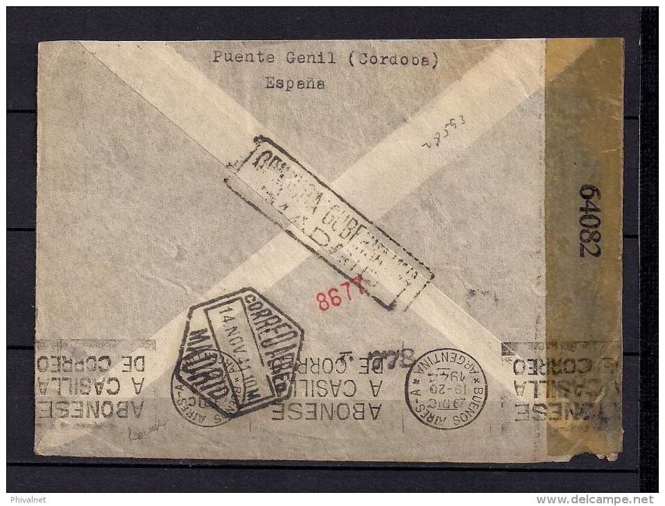 1944, SOBRE CIRCULADO ENTRE PUENTE GENIL EN CÓRDOBA Y BUENOS AIRES, CENSURA, TRÁNSITOS, LLEGADA - Cartas & Documentos