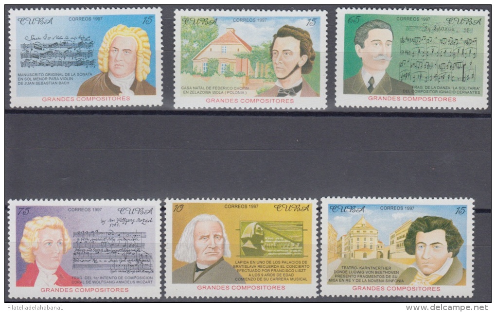 1997.37 CUBA 1997. MNH. GRANDES COMPOSITORES. GREAT COMPOSERS. FEDERICO CHOPIN. SEBASTIAN BACH. AMADEUS MOZART. MUSIC. - Unused Stamps
