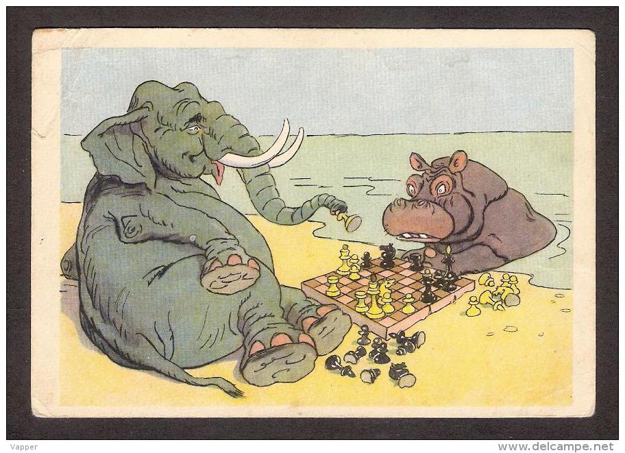 Chess Schach Echecs Ajedrez Russia 1956 Postcard " Elephant Move Rook" Painter Bazhenov - Echecs