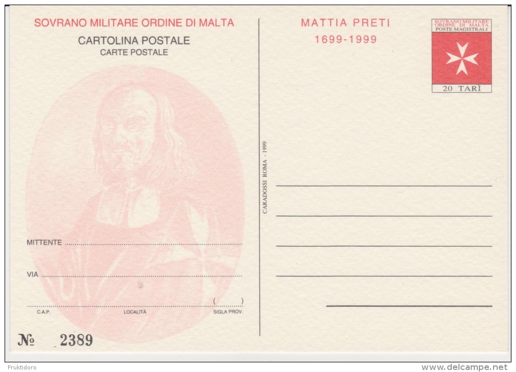 SMOM Sovereign Military Order Of Malta - Postal Stationery - Mattia Preti 1999 * * - Malte (Ordre De)