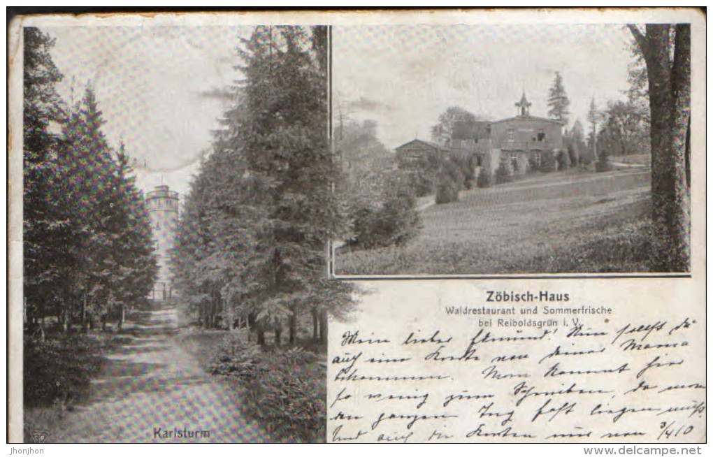 Germany - Postcard Circulated 1908 - Reiboldsgrün - Karlsturm And Zöbischhaus  - 2/scans - Auerbach (Vogtland)