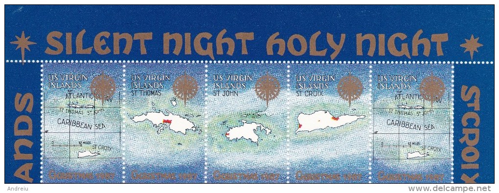 1987 US Virgin Islands Maps Strip 5v., Coat Of Arms , Stamp On Stamp, Christmas Seal Benefit MNH - Danish West Indies