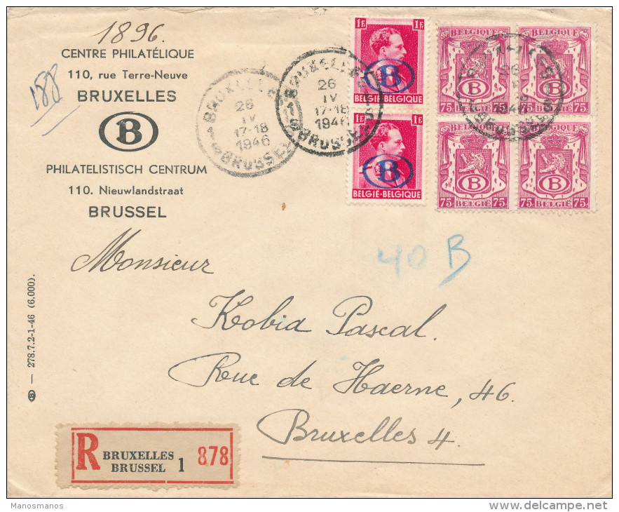 277/23 - Lettre RECOMMANDEE SNCB TP Service Petit Sceau Bloc De 4 Et Col Ouvert BRUXELLES 1946 - TARIF EXACT 5 F - Storia Postale