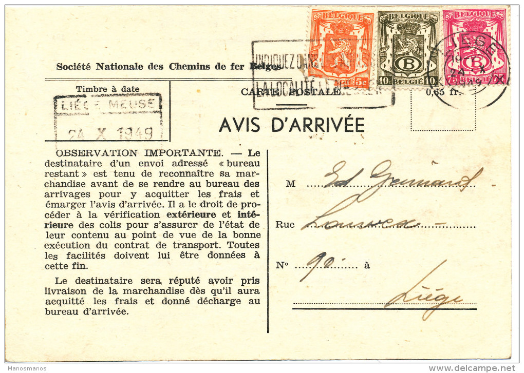 278/23 - Avis D' Arrivée SNCB TP Service TRICOLORE Petit Sceau LIEGE 1949 - Cachet Et Griffe De Gare LIEGE MEUSE - Brieven En Documenten