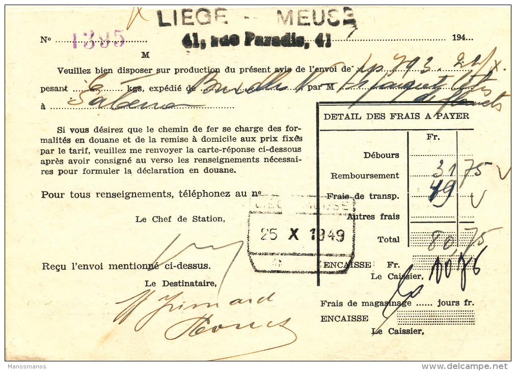 278/23 - Avis D' Arrivée SNCB TP Service TRICOLORE Petit Sceau LIEGE 1949 - Cachet Et Griffe De Gare LIEGE MEUSE - Lettres & Documents