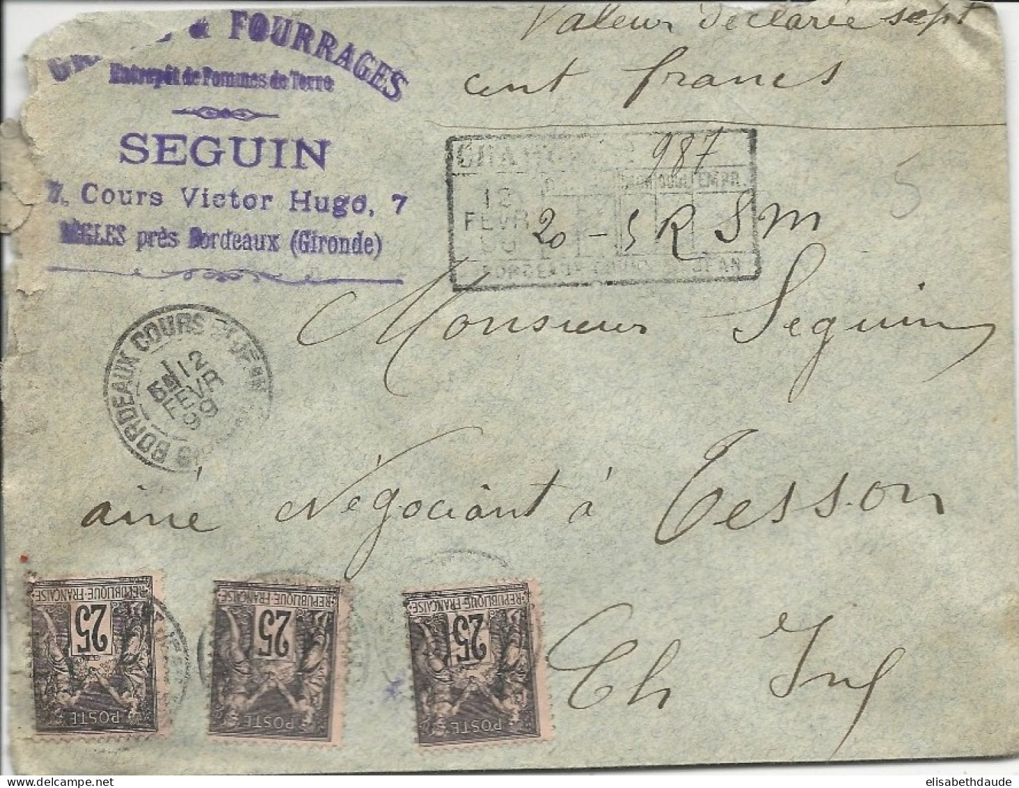 1899 - SAGE N/U - ENVELOPPE CHARGEE De BEGLES BORDEAUX Pour TESSON - 1876-1898 Sage (Type II)