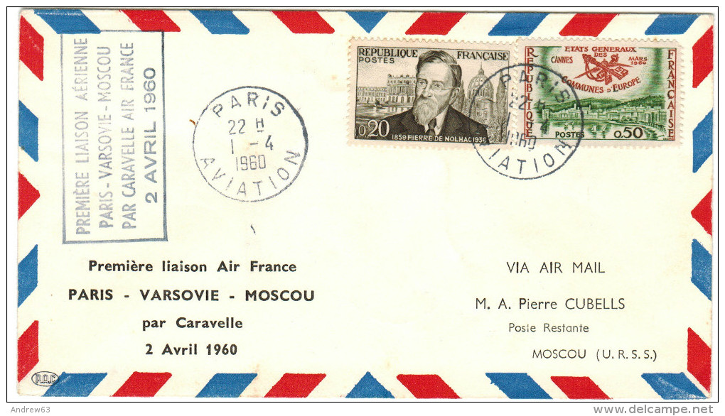 FRANCIA - France - 1960 - First Flight - Premier Vol - Paris-Varsovie-Moscou - Air France - Aerei