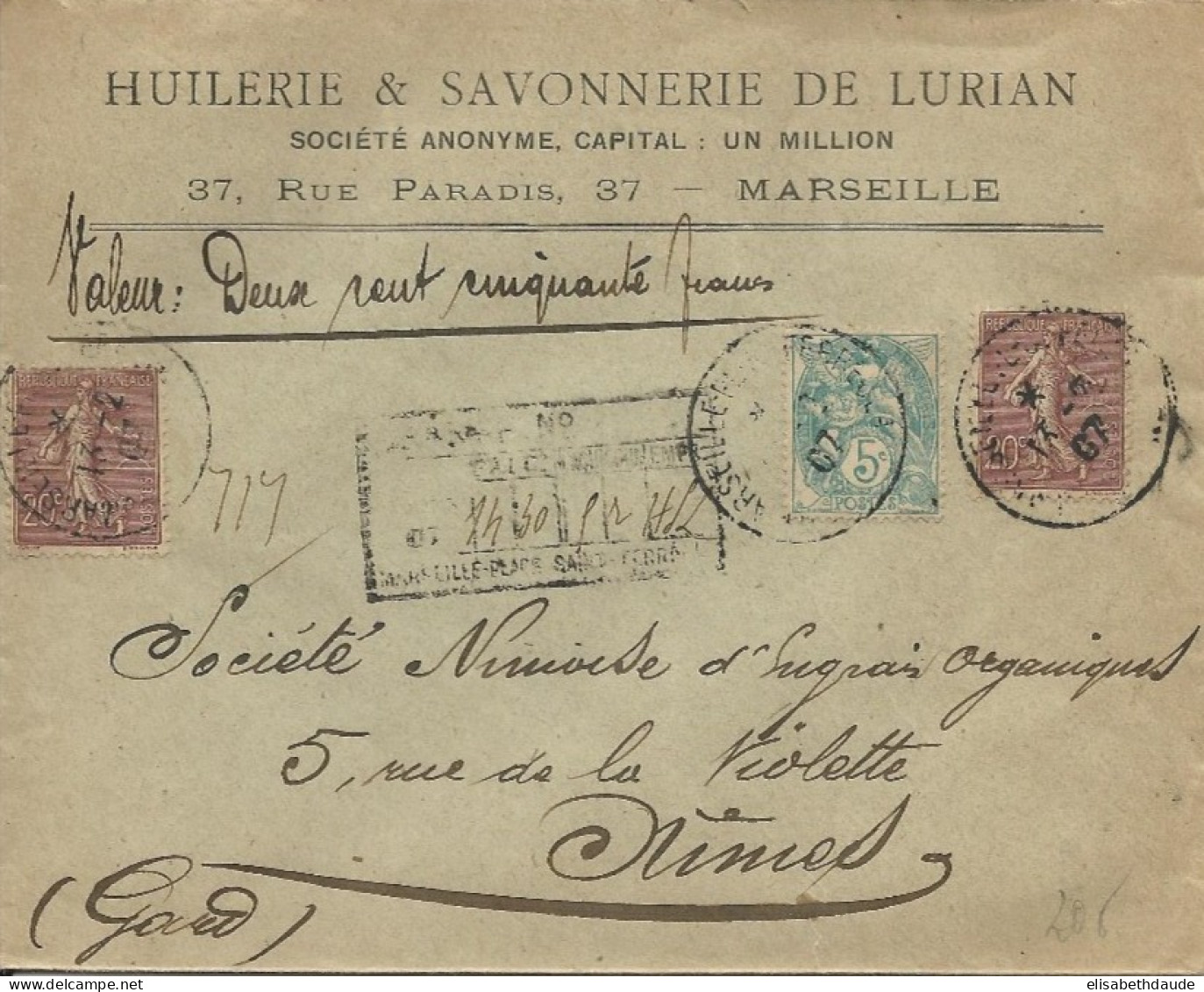 1907 - SEMEUSE + BLANC - ENVELOPPE CHARGEE De MARSEILLE Pour NIMES (GARD) - 1903-60 Sower - Ligned