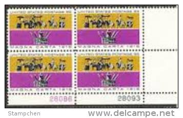 Plate Block -1965 USA Magna Carta Stamp Sc#1265 Procession Of Barons & King John's Crown Horse Flag - Plattennummern