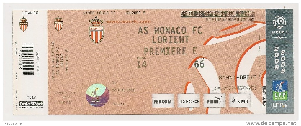 Ticket-entrada Monaco-Lorient 2008. - Otros & Sin Clasificación