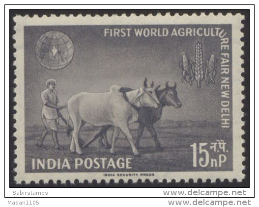 INDIA, 1959, 1st World Agriculturee Fair, Agriculture Fair,Former, Ploughing, Bullcart, Crops, Globe, MNH, (**) - Ungebraucht