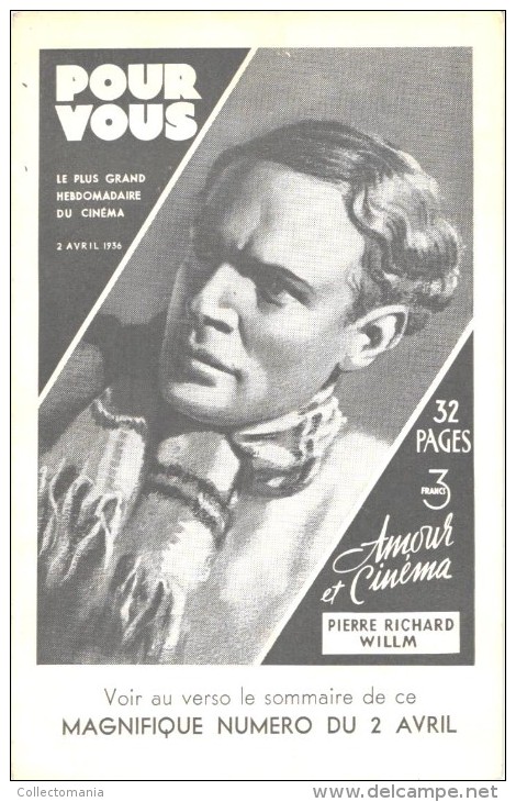 Affichette, Format Carte Postale, Pierre Richard-Willm, Hebdomadaire POUR VOUS 2 Avril 1936, état Parfait, Cinema Film - Affiches