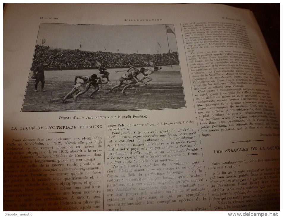 1919: Préparatifs Fête VICTOIRE;Projet VOIE TRIOMPHALE par artistes-Poilus;Dirigeable R-34 traverse Atlantique;AVEUGLES