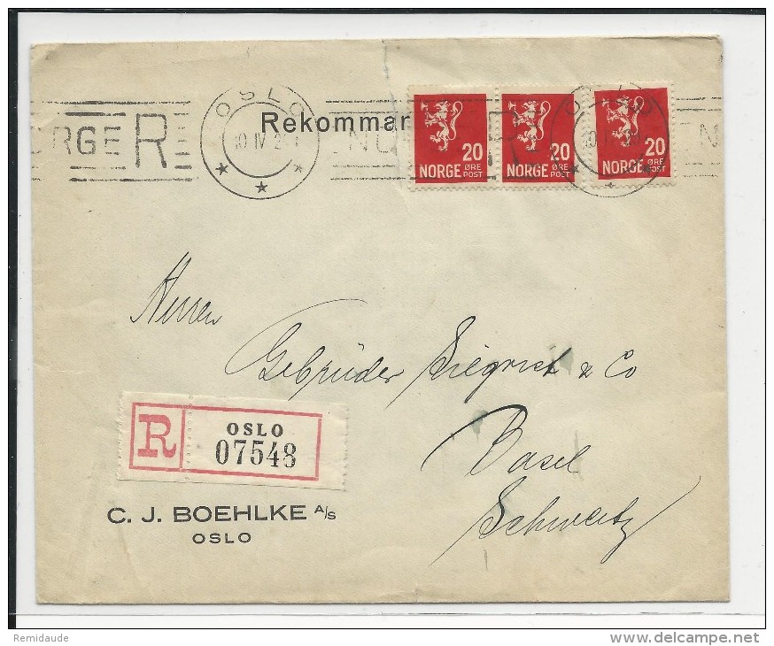 NORVEGE - 1929 - ENVELOPPE RECOMMANDEE De OSLO Pour BASEL (SUISSE) - Lettres & Documents