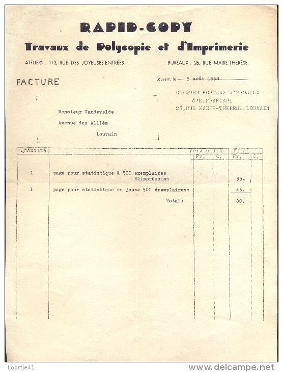 Facture Faktuur -  Rapid Copy Louvain - Travaux D'imprimerie 1938 - Imprenta & Papelería