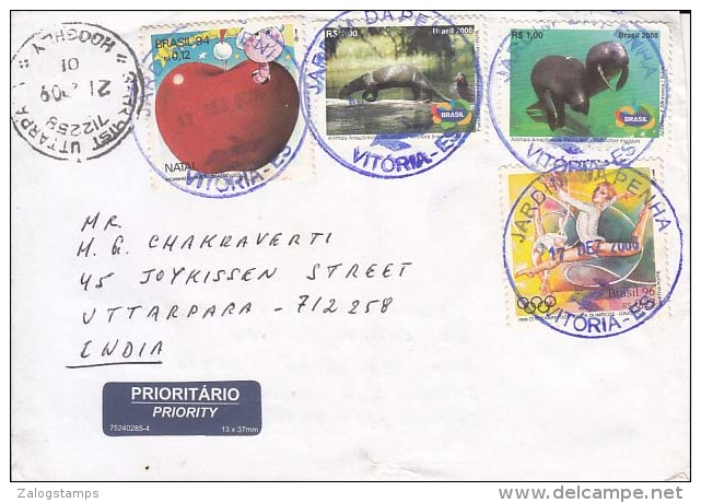 Brazil Airmail Cover To India, Stamps, Wild Animals, Sports, Fruits, Cartoon,  (Z-8001) - Covers & Documents