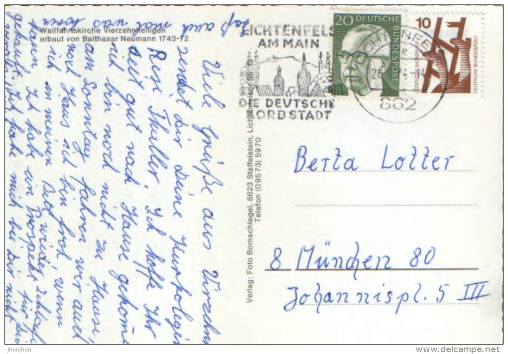 Germany - Postcard Circulated 1974 - Wallfahrtskirche  Vierzehnheiligen   - 2/scans - Lichtenfels