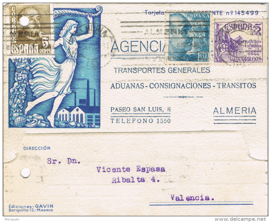 11358. Tarjeta Privada ALMERIA 1949. Aduanas Consigna. Recargo Victimas Guerra - Covers & Documents