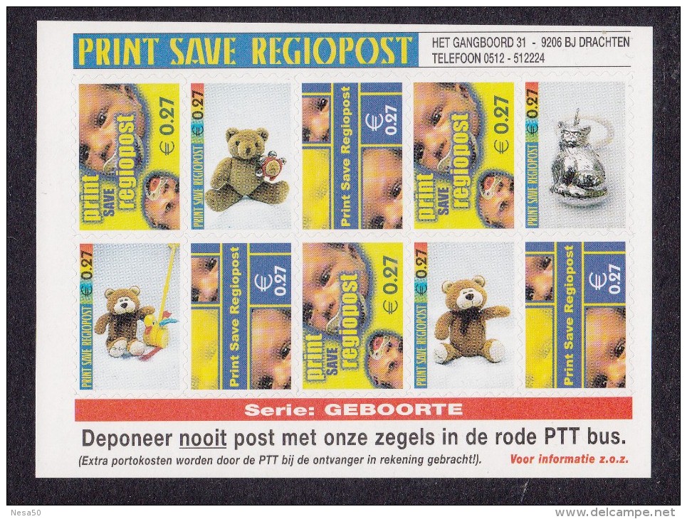 Nederland Regiopost Drachten Sheet 10 X € 0,27 Thema Geboorte, Beer, Bear - Ongebruikt