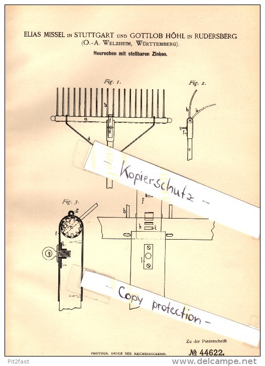 Original Patent - Gottlob Höhl In Rudersberg B. Welzheim ,1888, Heurechen Mit Stellbaren Zinken , E. Missel In Stuttgart - Historische Dokumente