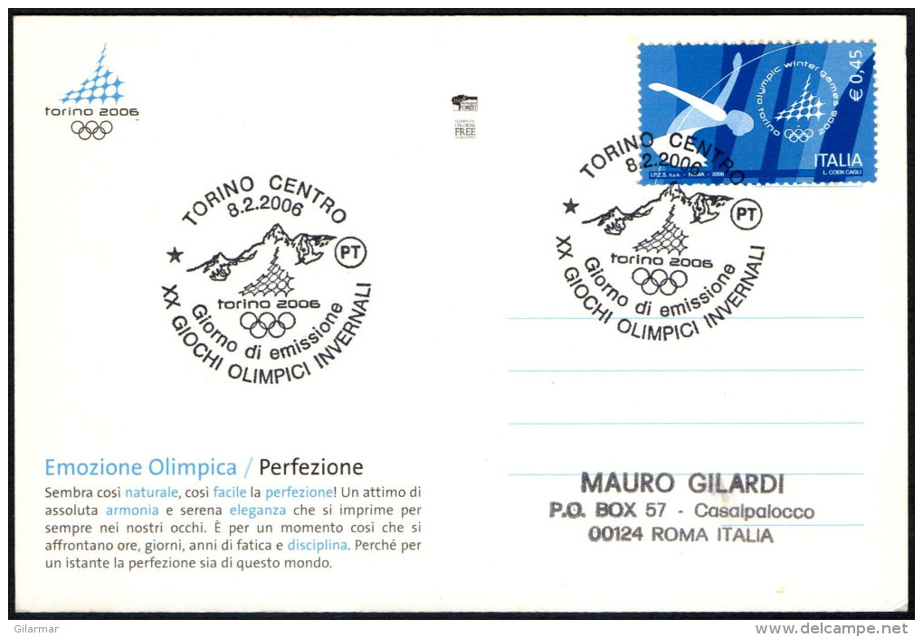 ITALY TURIN 2006 - XX OLYMPIC WINTER GAMES "TORINO 2006" -  FIRST DAY - STAMP: ICE SKATING - POSTCARD: PERFEZIONE - Winter 2006: Torino