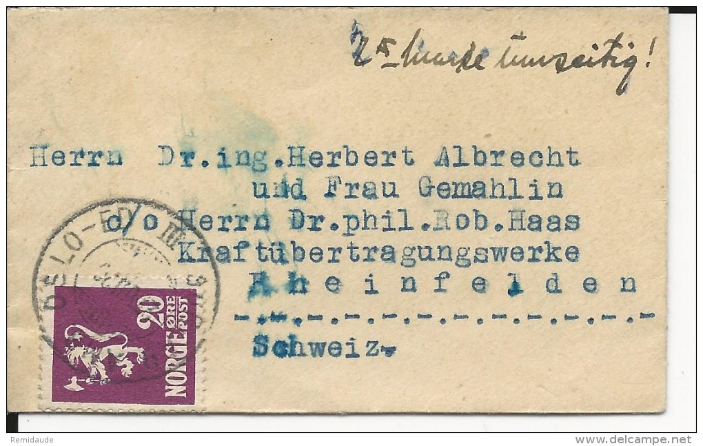 NORVEGE - 1926 - ENVELOPPE MINIATURE De OSLO Avec CACHET AMBULANT OSLO-ED Pour RHEINFELDEN (SUISSE) - Briefe U. Dokumente